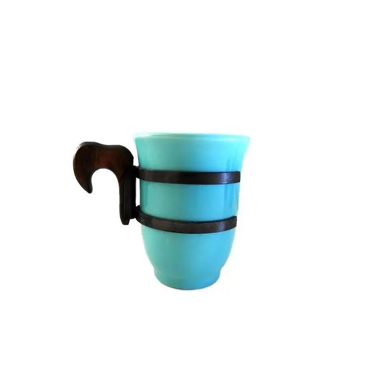 Vintage Cyan Artisan Ceramic Small Mug Cup with Removable Iron and Wood Handle