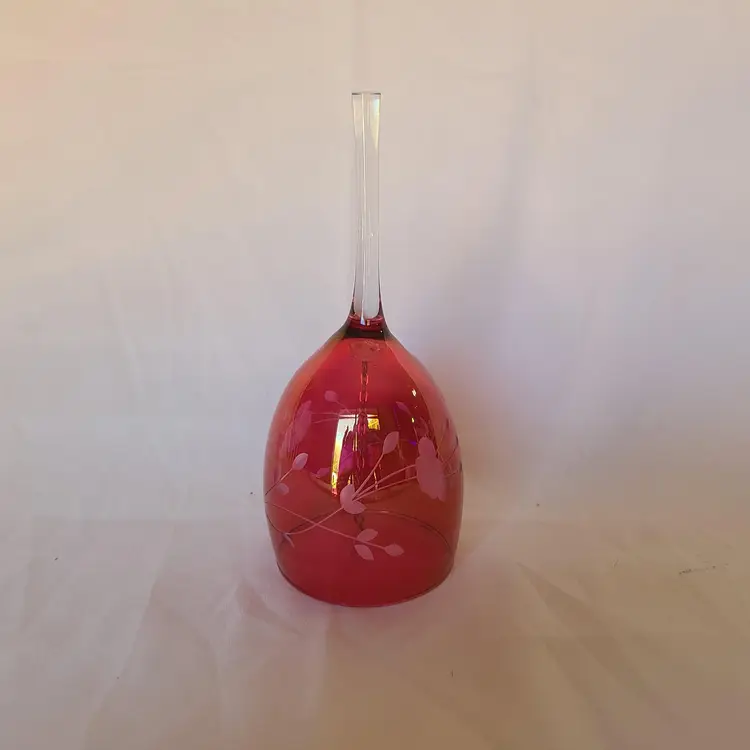 Vintage Cranberry Glass Etched Floral Design 7" Bell Clear Glass Handle