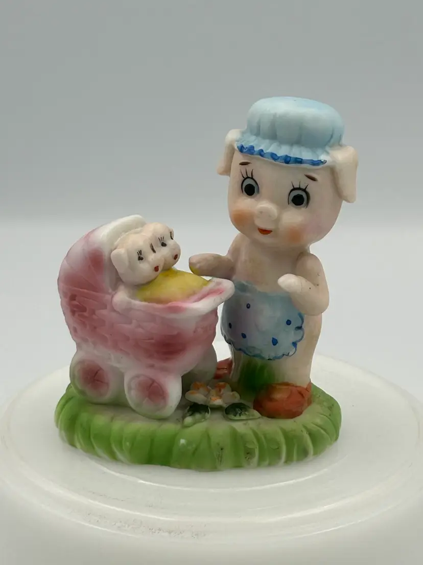 Vintage Ceramic Mom Pig With Two Piglets In Stroller Figurine