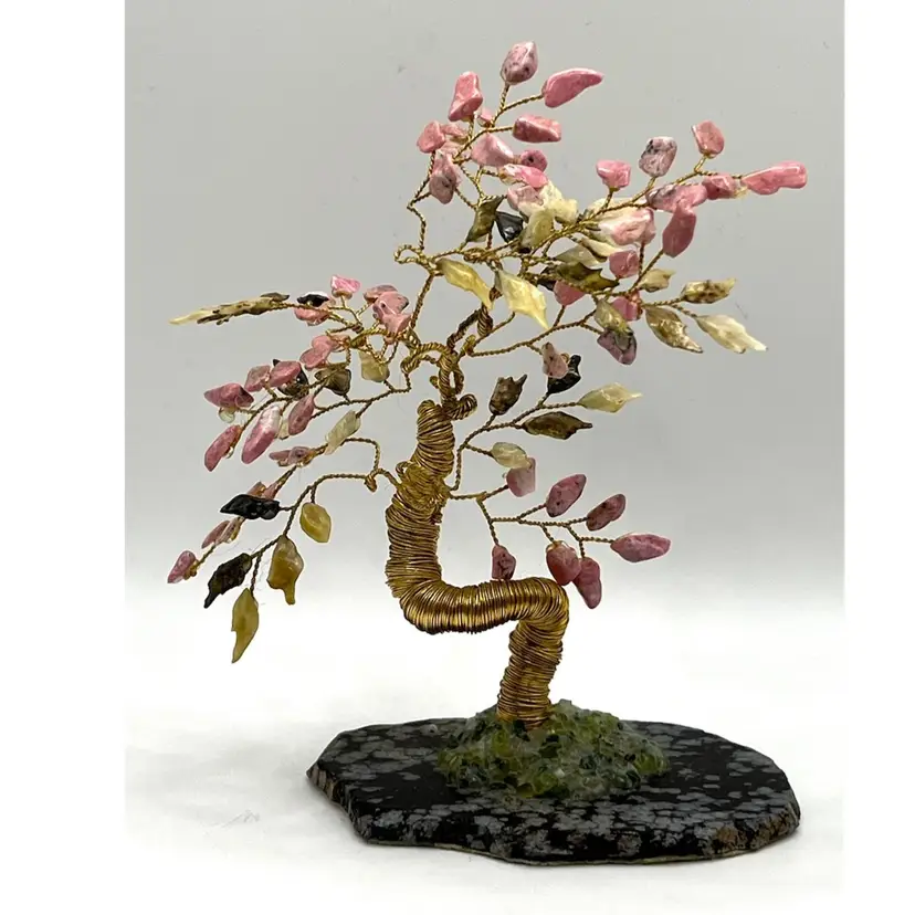 Vintage Pink Gemstones Asian Bonsai Tree Metal Gold Color Stem & Branches 5 in Height
