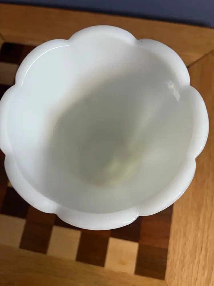 Vintage E.O. Brody white milk glass pedestal vase with fern pattern.- 9”