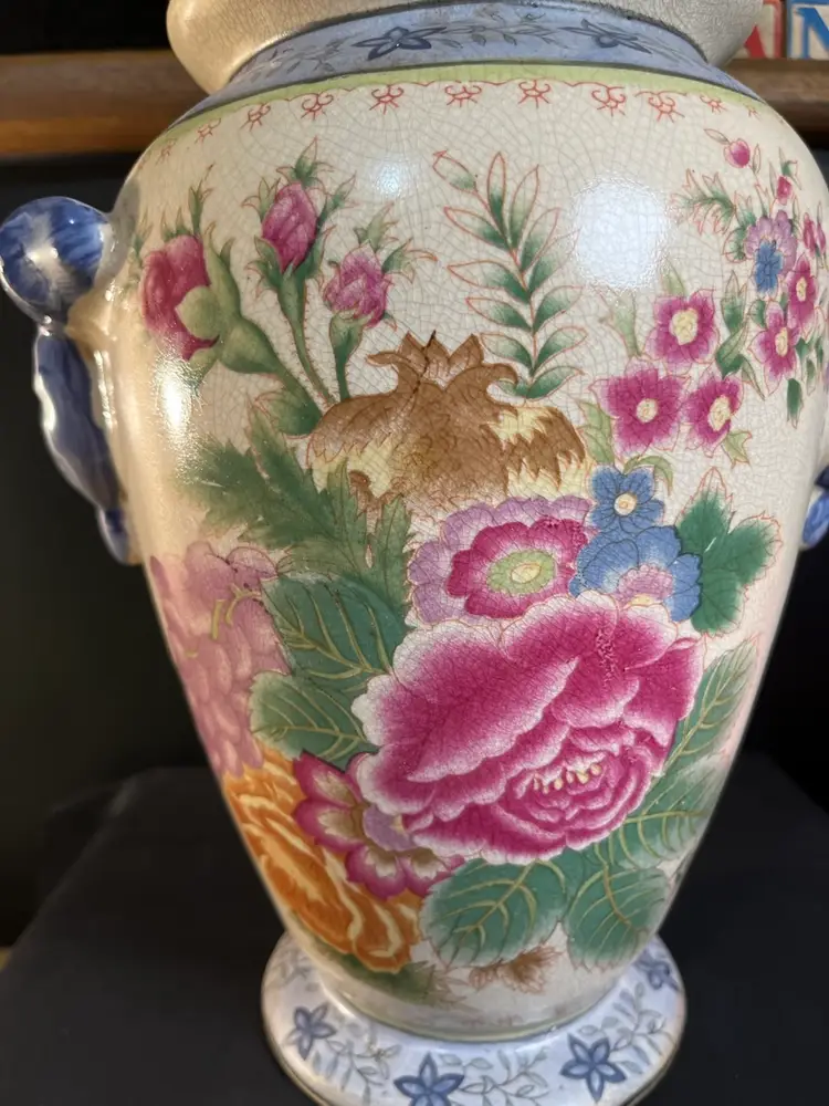 Made in China-14" High Ceramic Ginger Jar or Urn w/ Handles-Floral Designs