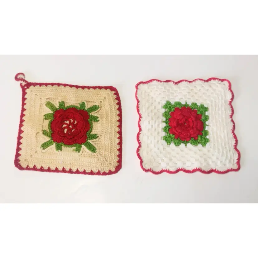 2 Vintage Handmade Crotchet Potholder Hot Pad 3D Red Roses Cream White 5 in