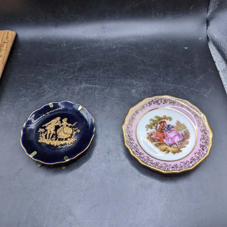 Vintage Lot of 2 Limoges Miniature Porcelain Courting Couple Plates One Cobalt Castel and One Pink and Gold.