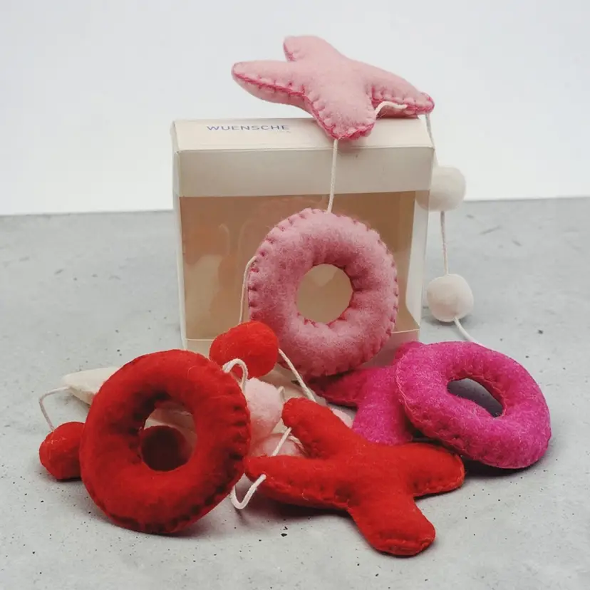 Felted Red Fushia and Pink Xs and Os and Pom Poms Garland 4-foot Valentine Decor