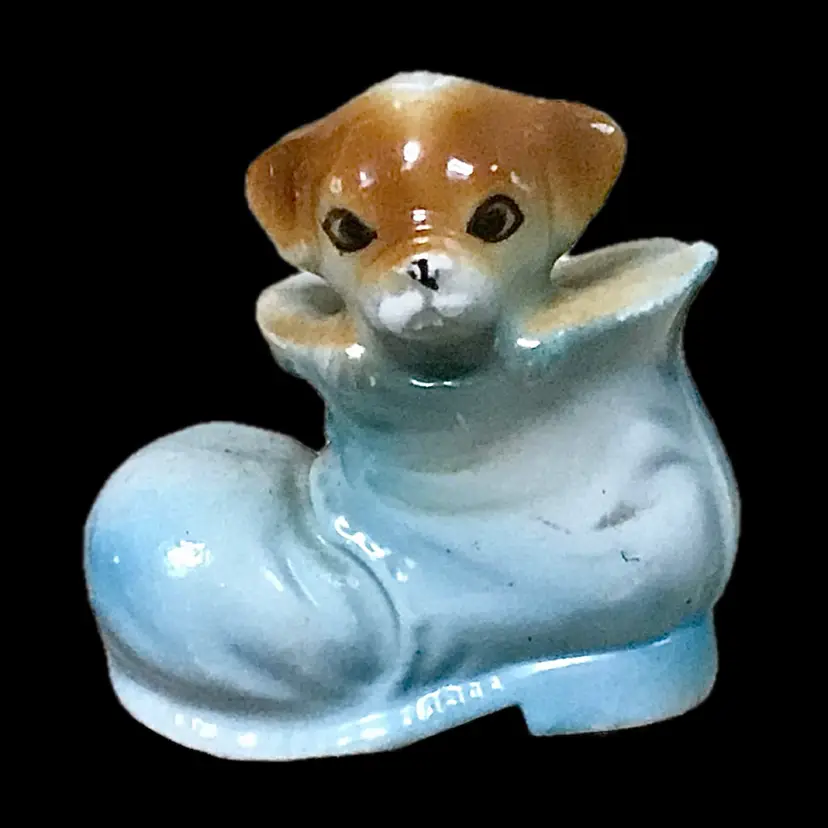 Vintage Dog In Blue Boot Porcelain Figurine 1970 Puppy Lover Kitsch Twee Cute