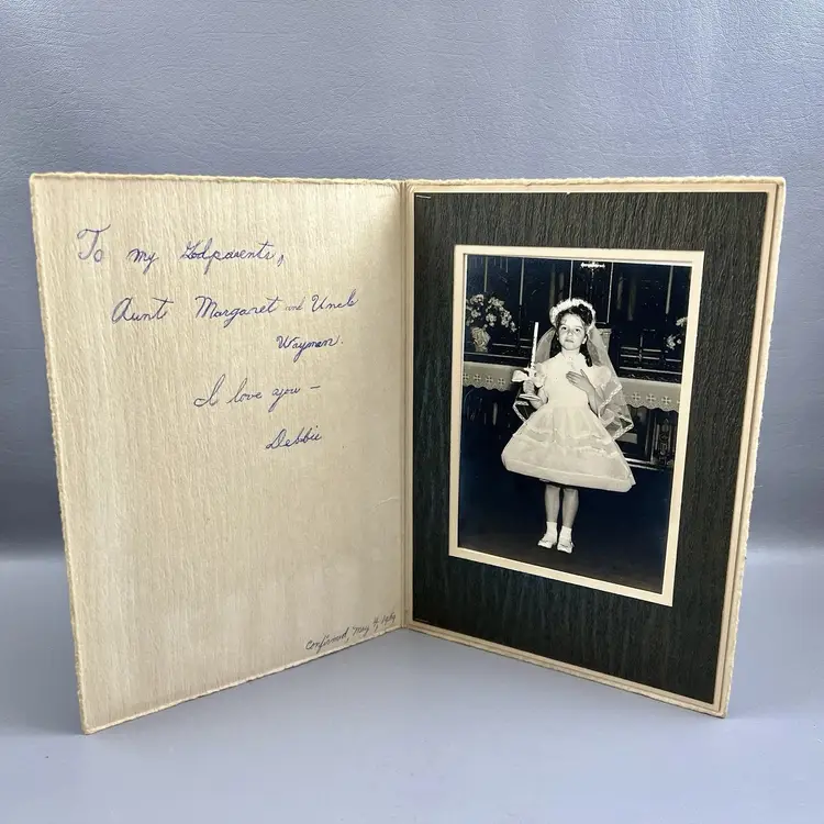 Vintage Young Girl Photo 1959 Catholic Confirmation Candle Dress Veil Portrait