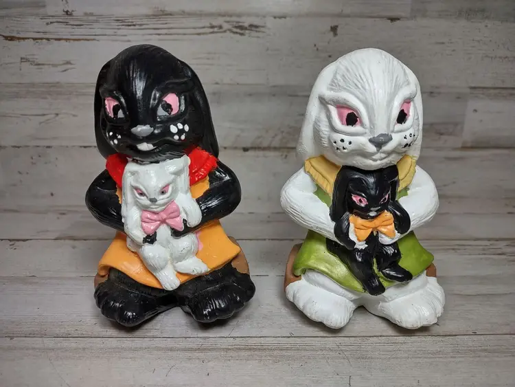 Set of 3 Vintage Hand Painted Ceramic Bunny Rabbit Chicken Figurines Easter