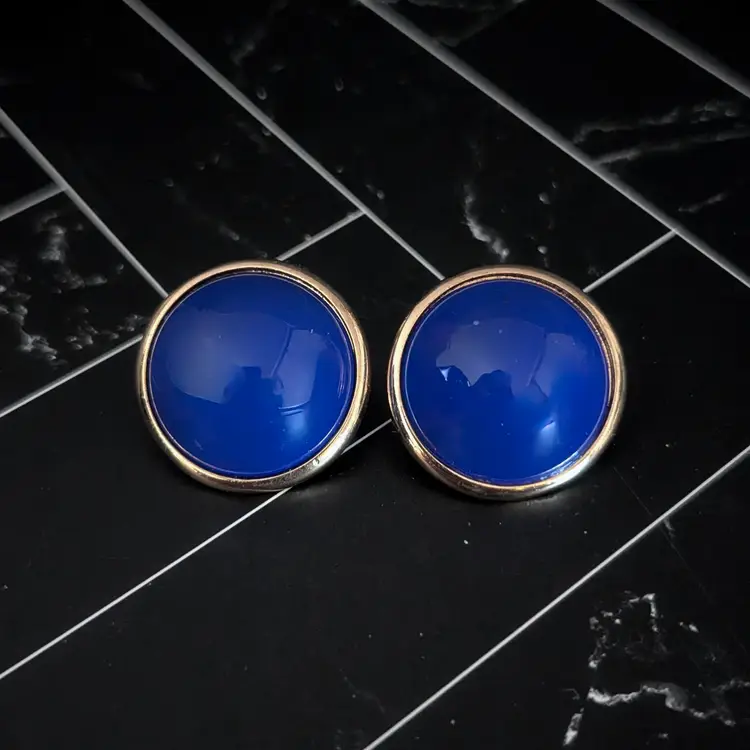 Vintage Stud Earrings Large Domed Blue Statement Chunky
