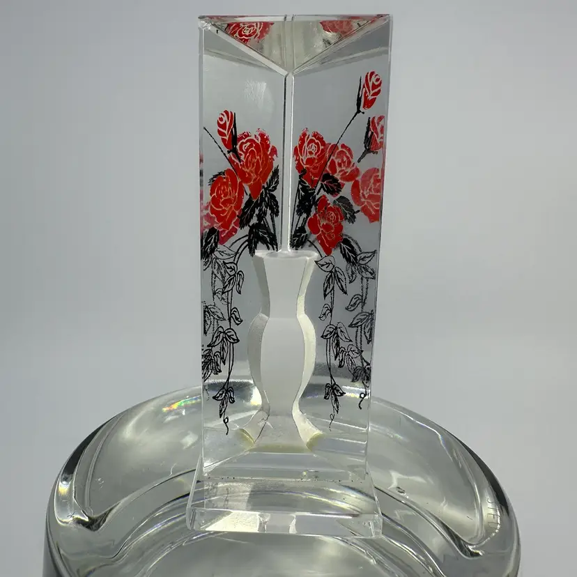 Vintage Etched Glass Rose Prism Paperweight