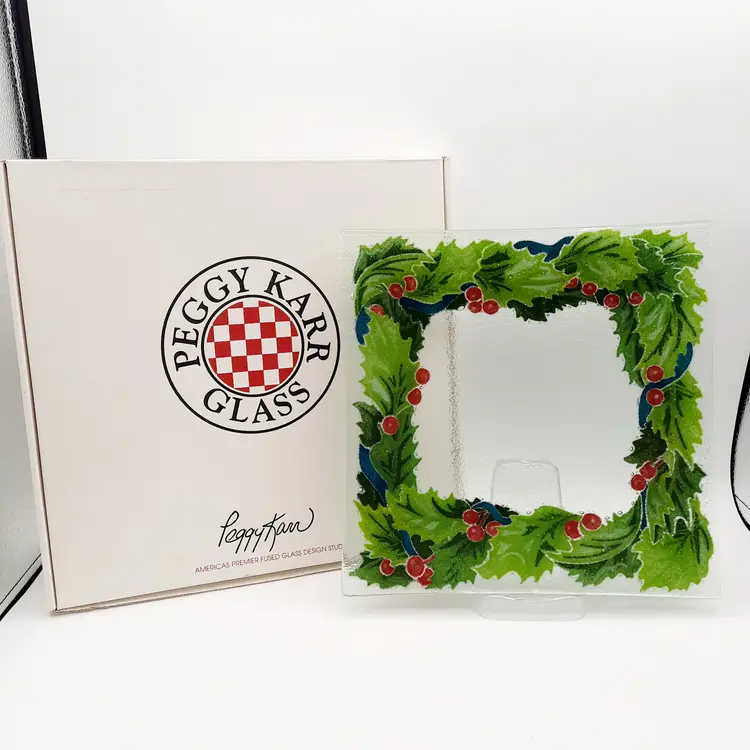 Peggy Karr Fused Glass Signed Christmas Holly Berry Square Serving Plate Tray