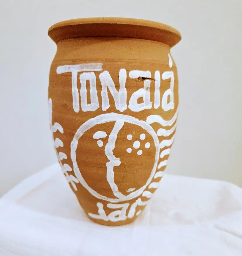 Tonala Mexican Pottery Vase - Sun, moon, and stars