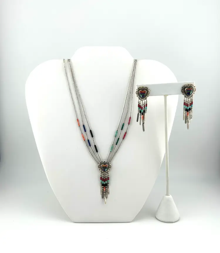 Quoc QT Sterling Silver and Stone Heart Necklace and Earring Set