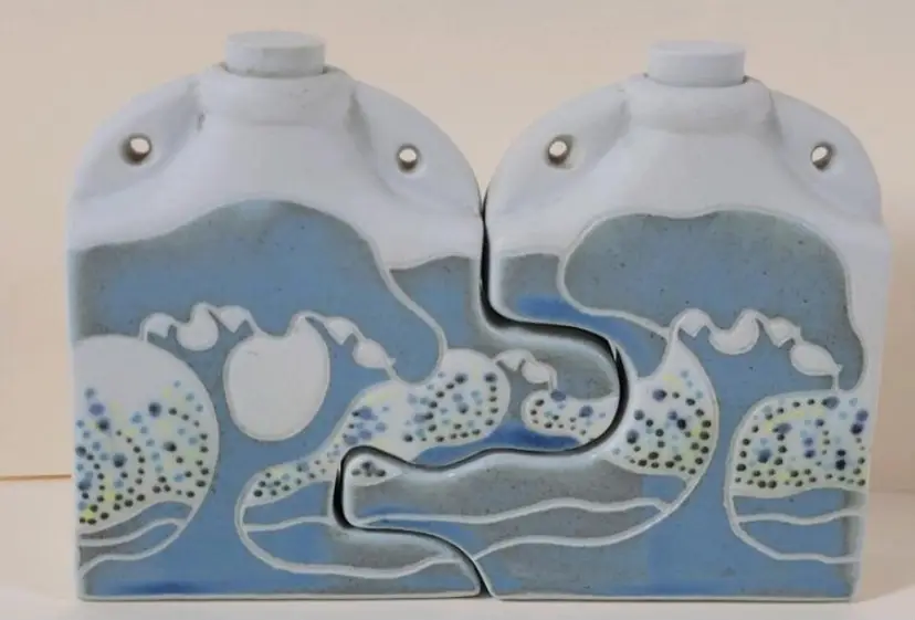 Vintage Signed JMC Handmade Pottery Conjoined Jigsaw Small Bottles with Original Pottery Stoppers - 3 InchesTall