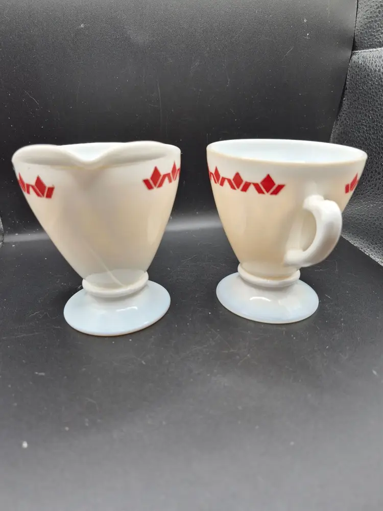 Vintage Hazel Atlas Milk Glass Creamer/Sugar Bowl Set Red Geometric Accent Retro