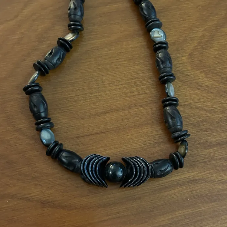 Vintage Boho Chunky Black Wood Beaded Necklace 25" long