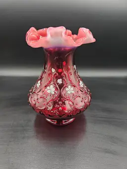 Fenton 1979 Cranberry Spanish Lace Signed by Bill Fenton