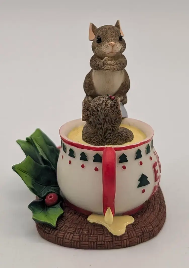 Fitz and Floyd Charming Tails Figure Collectible Dive Into The Holidays Figurine Cute Mice In Egg Nog Cup