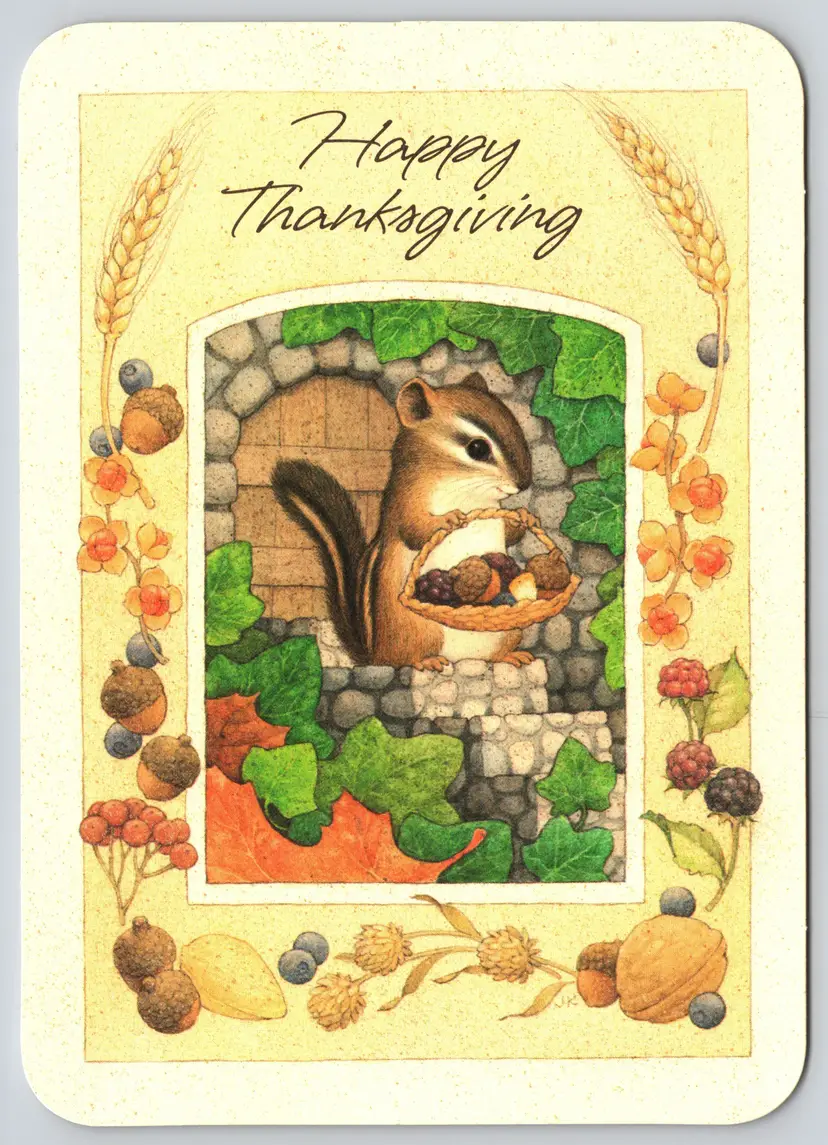 Postcard Happy Thanksgiving Chipmunk with Acorn Harvest in Basket Hallmark - 14574