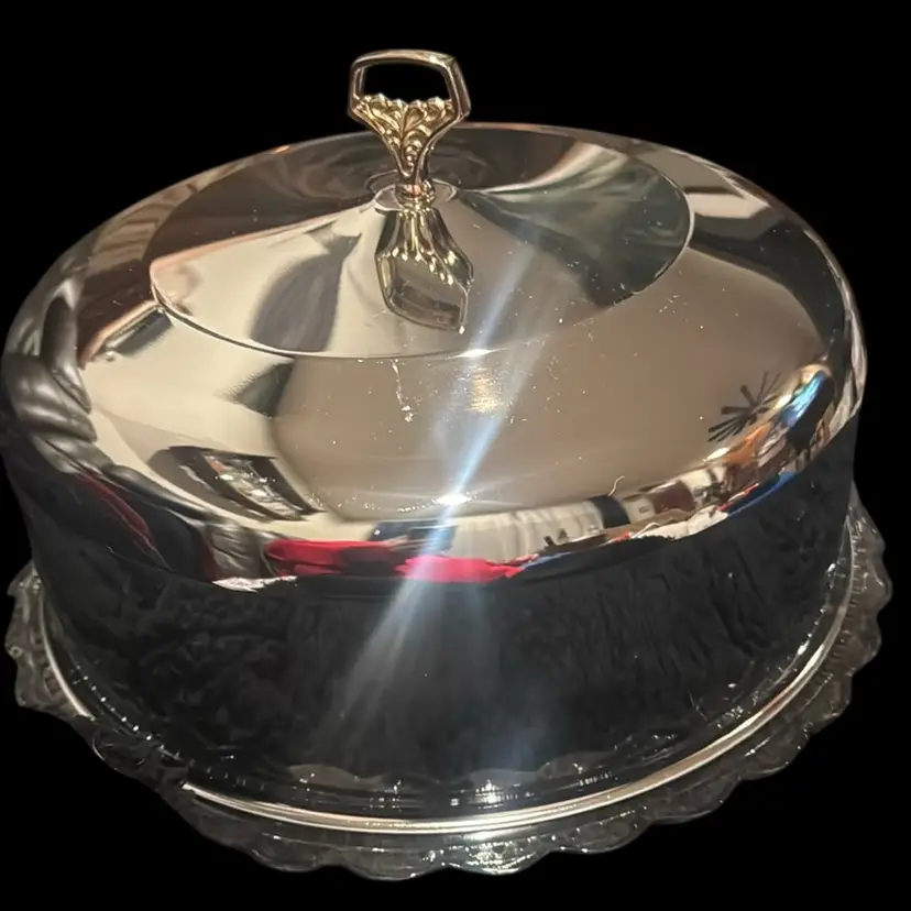 Vintage Kromex Stainless Steel Cake Cover With Glass Plate