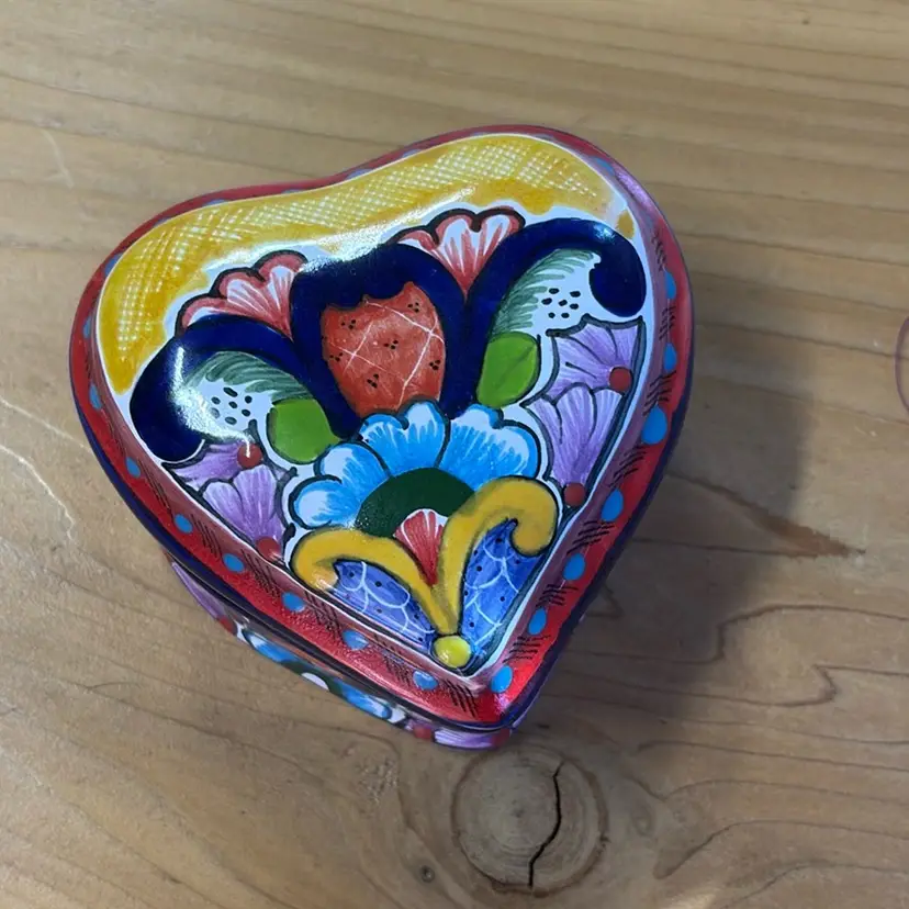 Talavera Heart Shaped Box With Lid, 4” X 4” X 2 1/2” No Chips Or Cracks