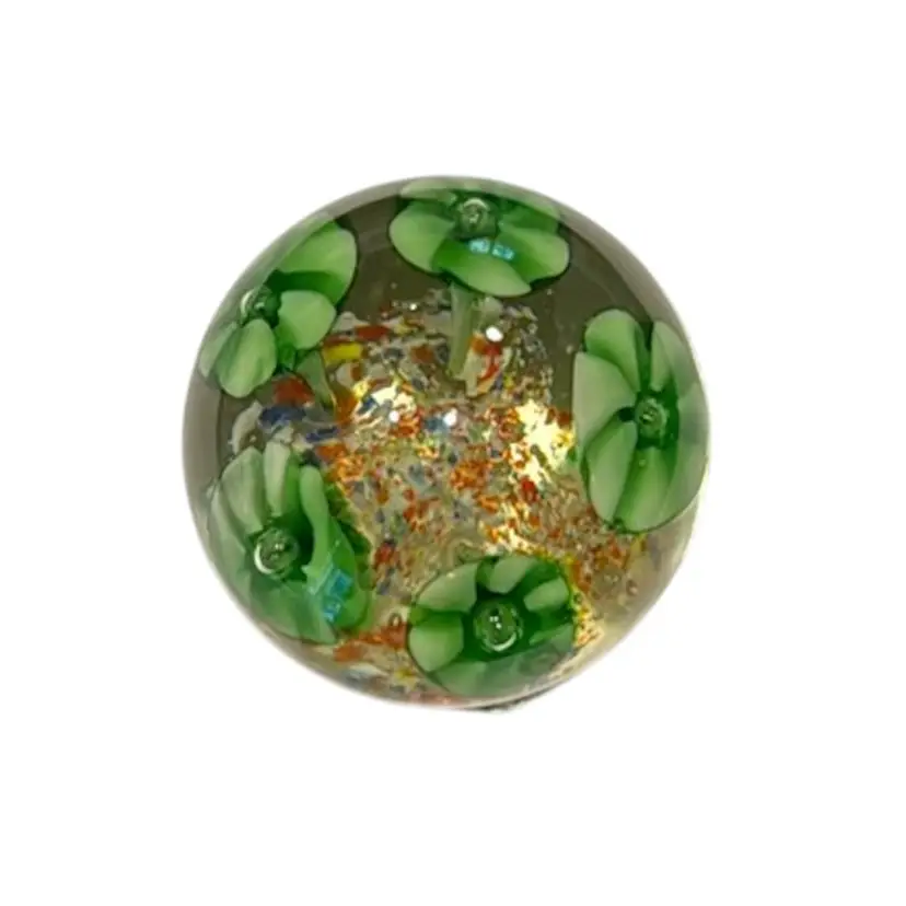 Vintage Art Glass Kelly Green & Cream 5 Trumpet Flowers Growing Out Of Multi-colored Base With 5 Small Controlled Bubbles Ringing Base - 2.5” Tall