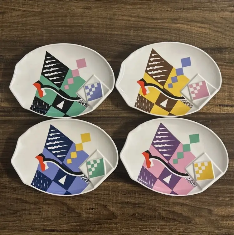 Vintage Fujimori Kato Kogei Japan Plates Set of 4 Abstract Geometric 1980s