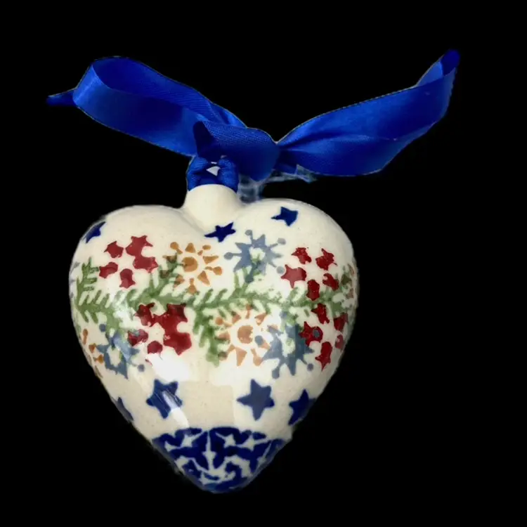 Polish Pottery Heart Shaped Holiday Christmas Ornament Snowflakes Love Stars