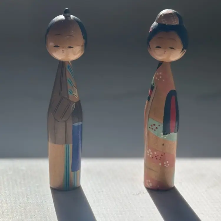 Vintage Set Of Two Kokeshi Dolls Male And Female