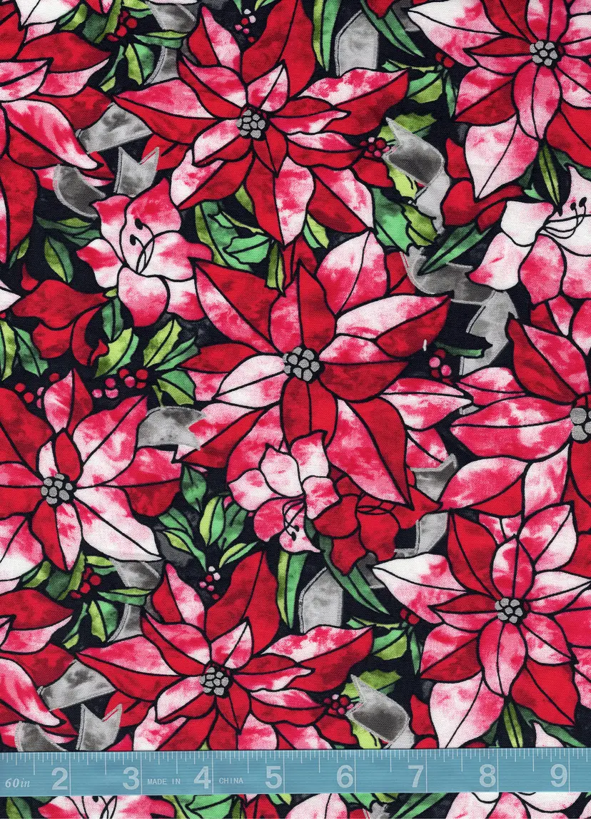 Stained Glass Poinsettia Christmas Cotton Quilt Fabric by the Yard – Red Floral Holiday Quilting Fabric on Black – Festive Sewing Fabric (100% Cotton)