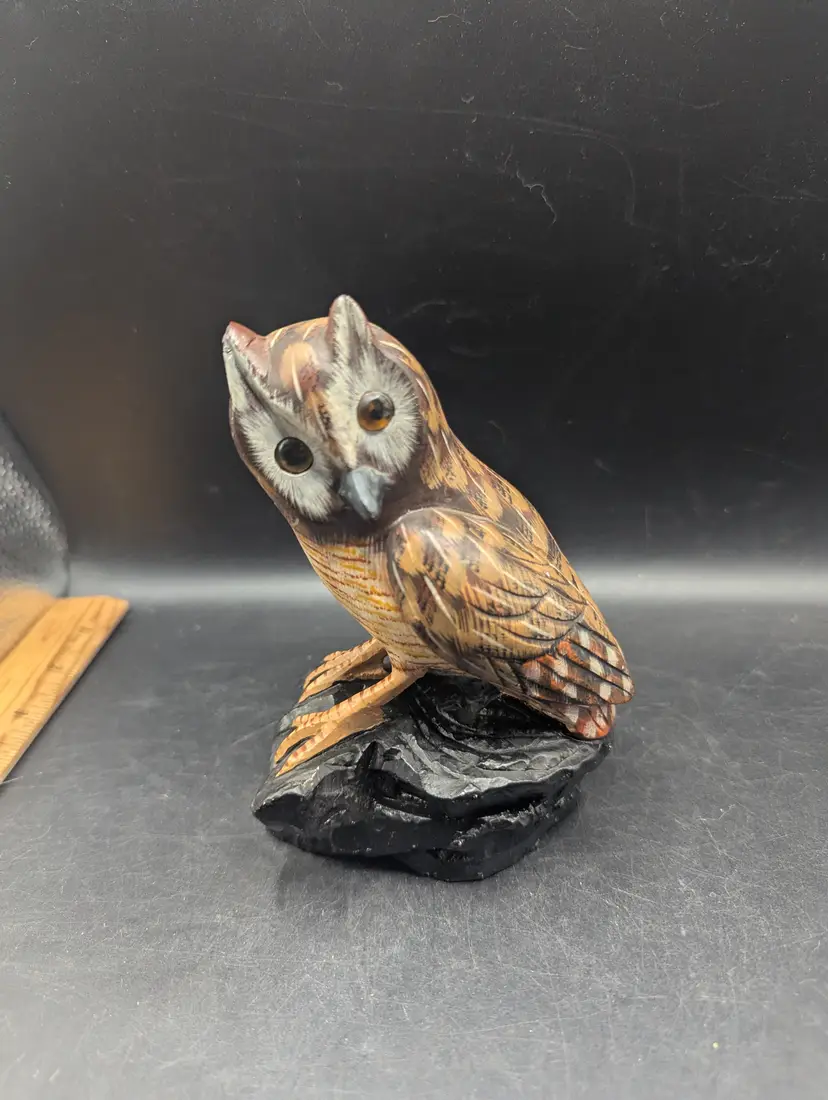 VTG 80’s Action International 5.5 Inch Stone Owl Figurine Hand Painted Glass Eyes.