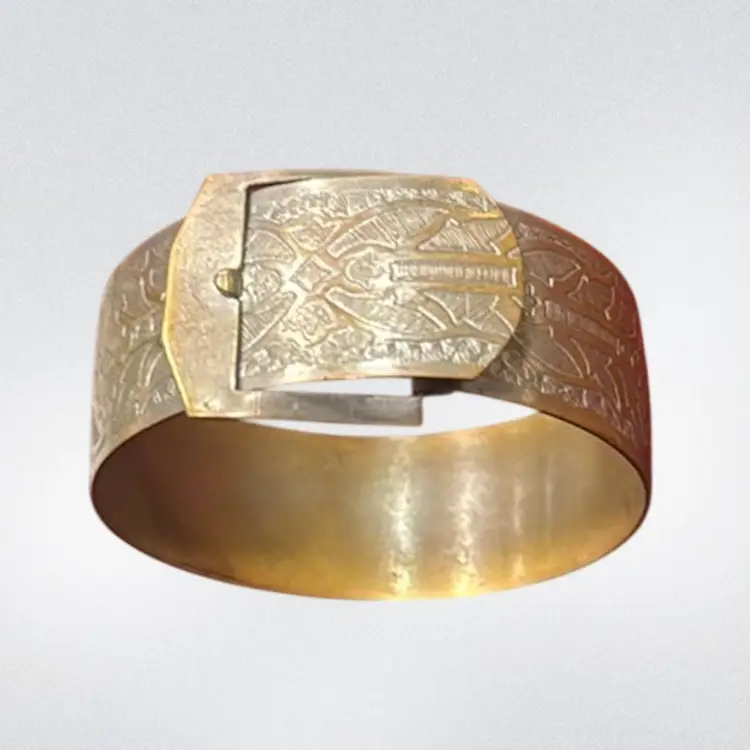 Antique Victorian Belt Buckle Floral Silver Chased Statement Brass Bangle Bracelet, 2.25” Inner Diameter