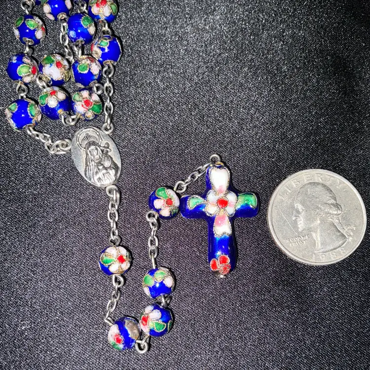 Vintage Cloisonne Rosary Necklace Blue Enamel Beads Jerusalem Medal Mary Connector Cross Pendant