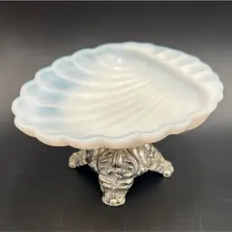 Soap Dish, Jewelry Holder, Vintage White Milk Glass Applied Beers Footed Compote