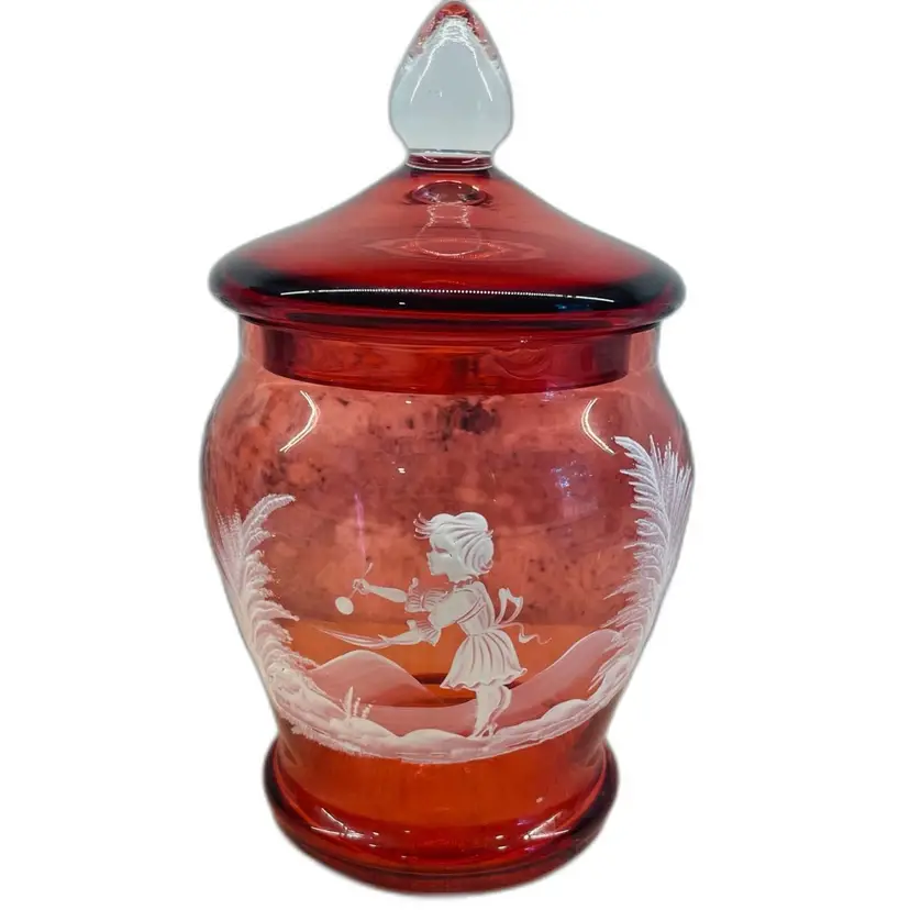 Vtg Fenton Cranberry Glass Jar w/ Lid Enamel Design Mary Gregory Girl in Dress