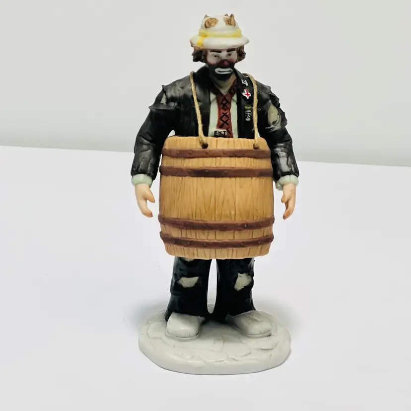 #1159 Flambro, Emmitt Kelly JR, “Over The Barrel” Porcelain Figurine Clown Collection