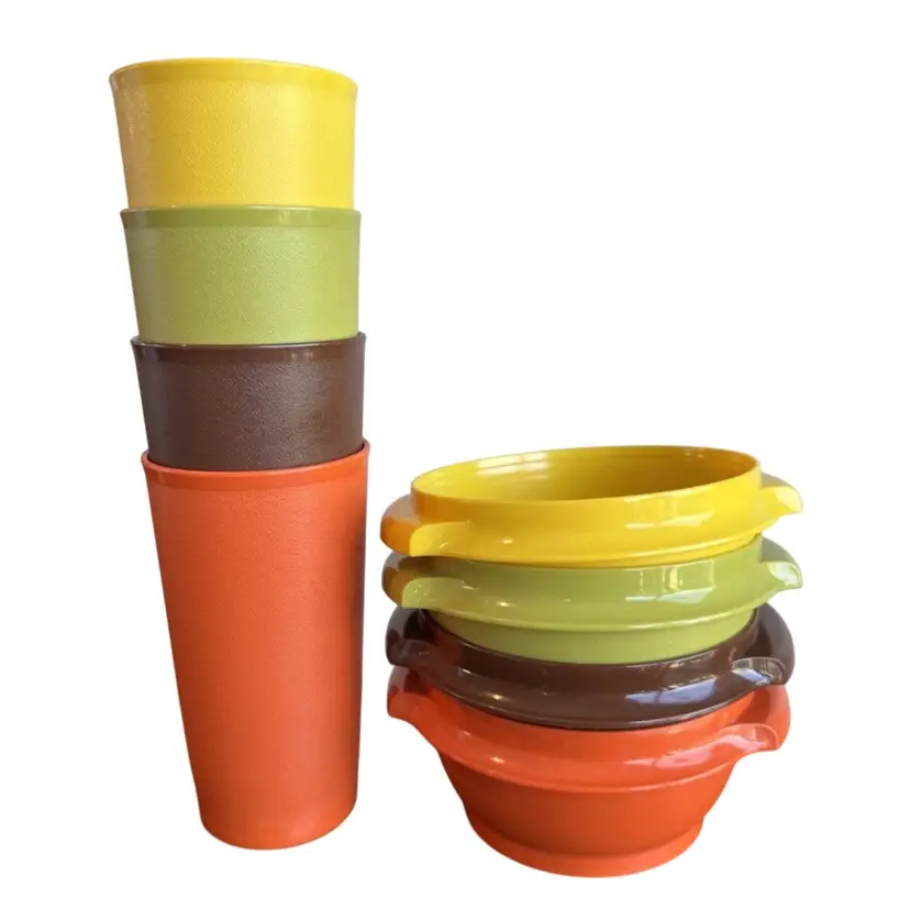 Vintage TUPPERWARE Tumblers & Servalier Bowl Set Harvest Colors