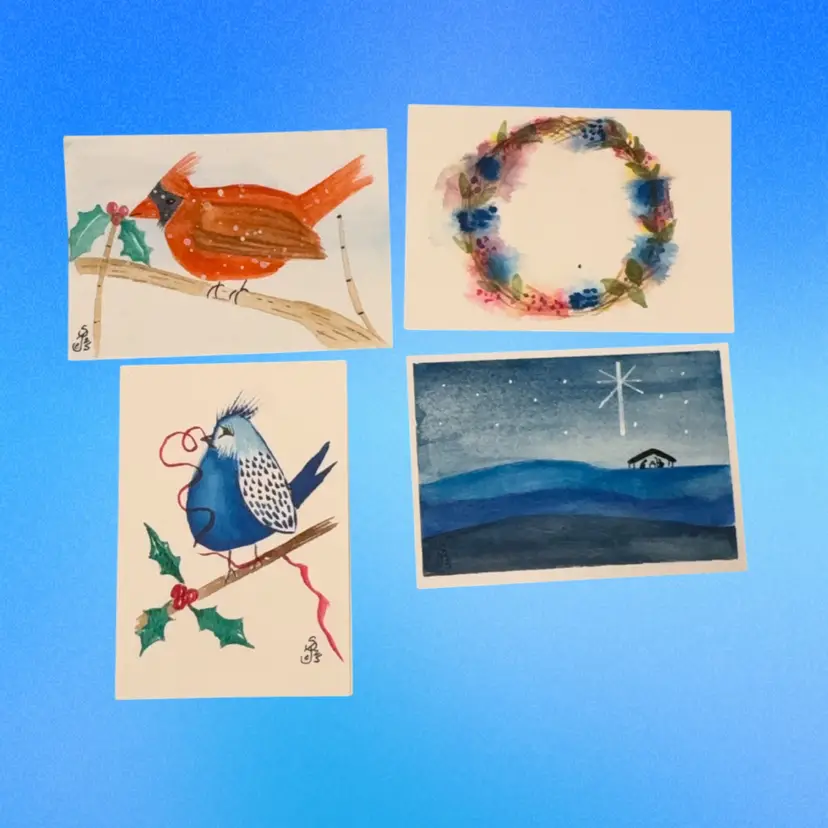 Original Watercolor 4 Cards Mixed Topics Blank Inside 5” X 3.5”