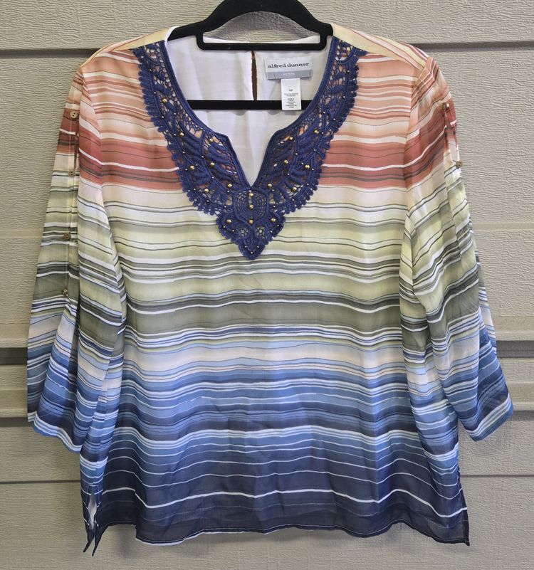 Alfred Dunner Women's Embellished Striped 3/4 Sleeve Tunic Blouse Size 16P
