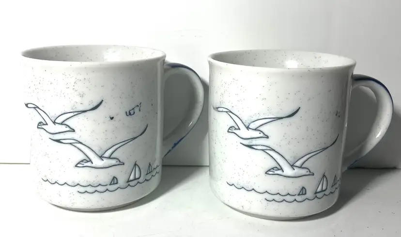 Otagiri Coffee Tea Mugs. Seagull Seabirds Sailboats Waves.