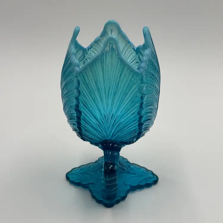 Antique Blue Glass Opalescent Rim Inverted Fan & Feather Chalice Vase