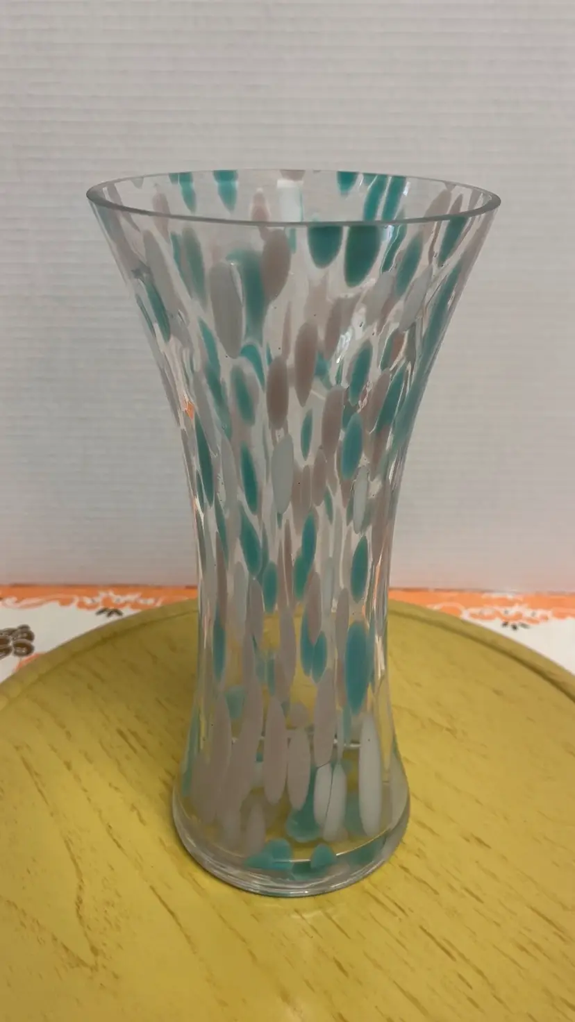 Hand Blown Art Glass Pink Turquoise Blue White Splatter Confetti  10” Vase