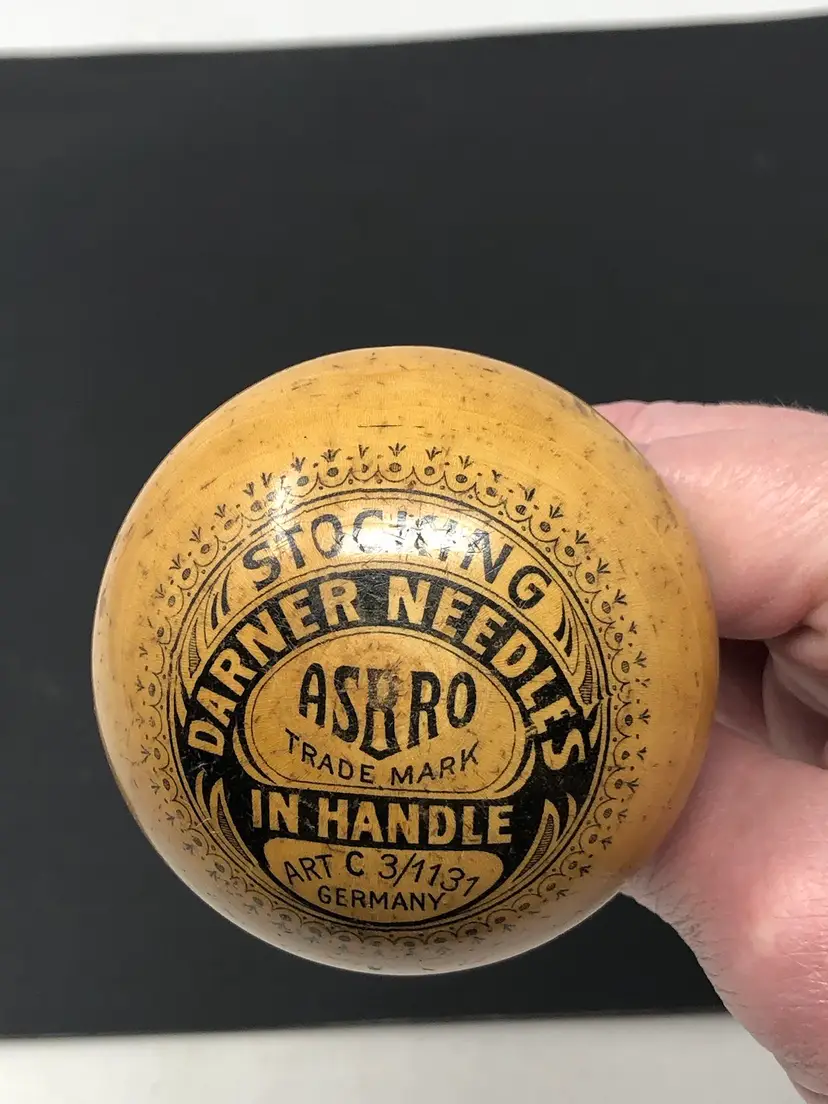 Asbro Stocking Darner Needles Advertising Wooden Darning Mushroom with Storage in the Stem