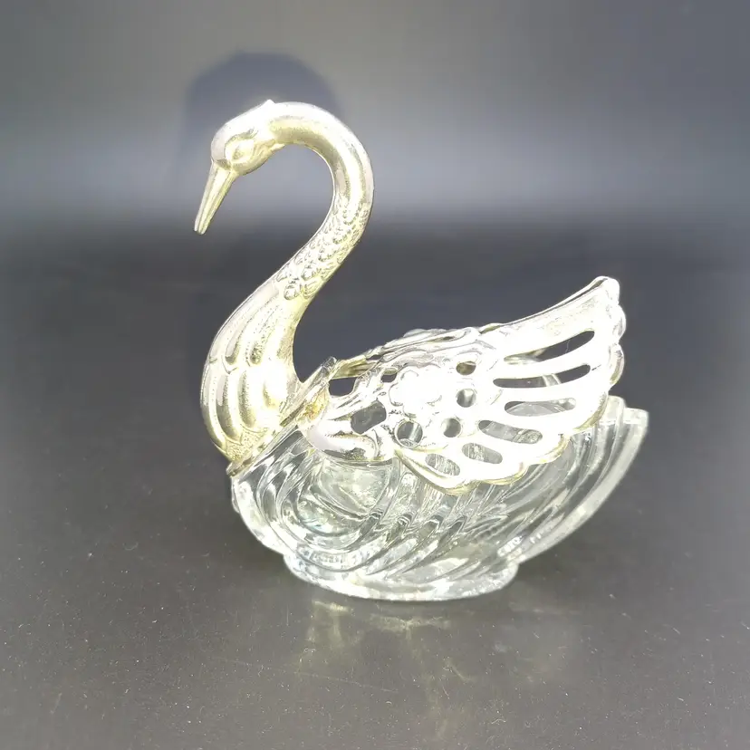 Vintage Italy 60s elegant salt cellar, Crystal/ Silver Plate Swan wings Salt