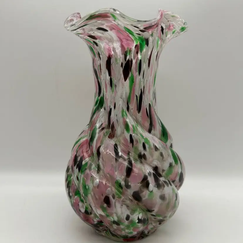 Vintage Hand Blown Art Glass Confetti Vase Splatter Ruffle Edge 