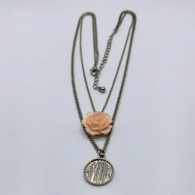 Popesco Style Peach Rose Amour Pendants Two Strand Layered Silver Tone Necklace
