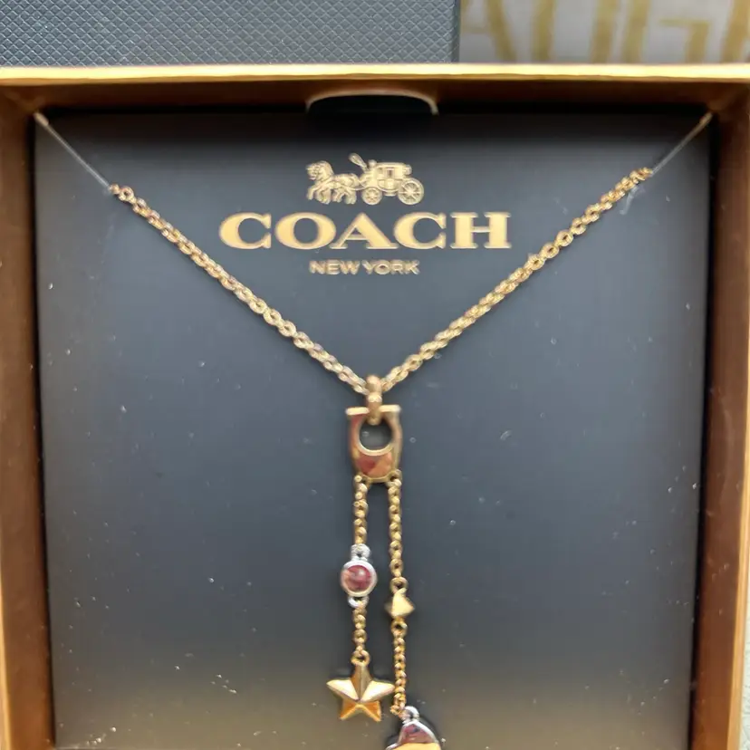 Coach New York Gold Tone C Logo Charm Necklace Star Heart Crystal Accent Boxed 14–18”