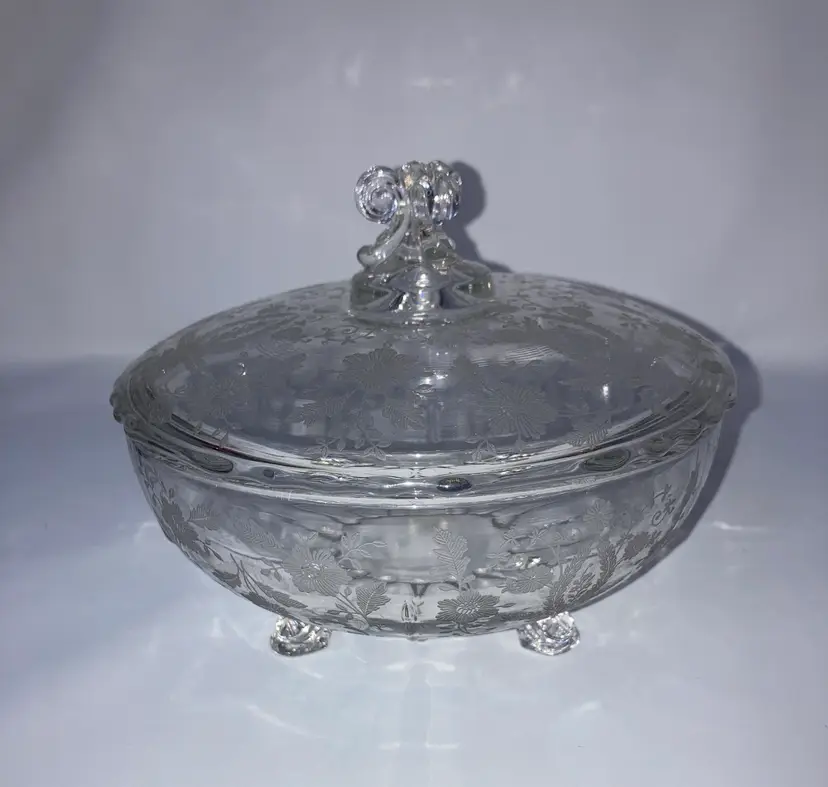 UV Reactive Green Glow! Vintage New Martinsville/Viking Crystal 3-Footed Covered Candy Box!  Prelude Etch Pattern!  6 1/4” Wide x 5 1/2” Tall!