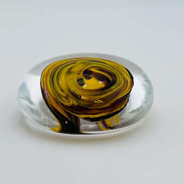 Pretty Yellow And Purple Swirl Czech Glass Paperweight 2.5”x 3”