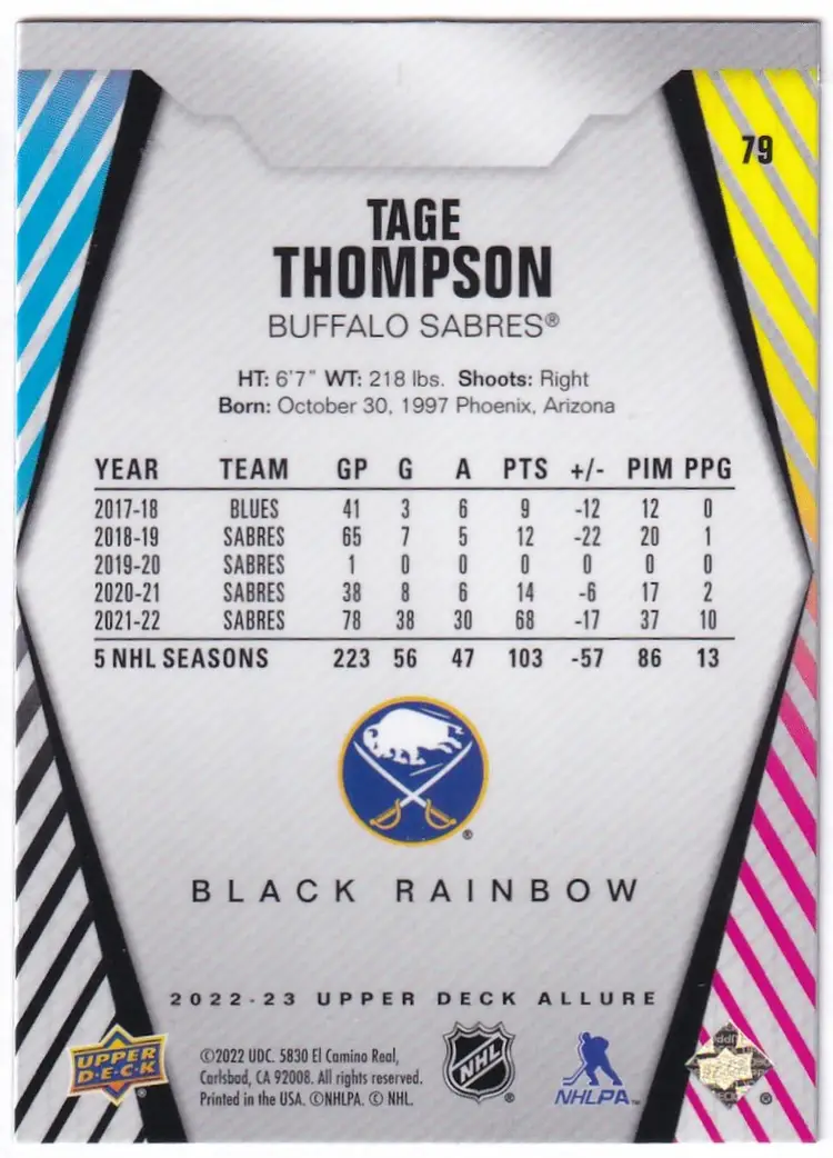 2022-23 Upper Deck Allure Black Rainbow #79 Tage Thompson Buffalo Sabres Hockey Card